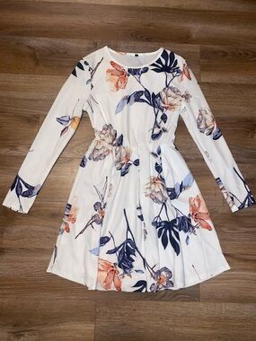 Floral Long-Sleeve Fit & Flare Dress - White with Navy & Peach Bloom